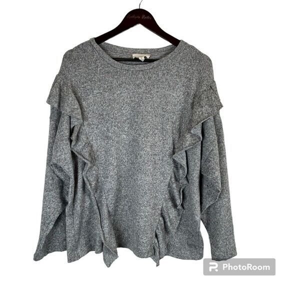 Coverstitched Womens Gray Sweater Sz L Long Sleeve Pullover Ruffled Soft Top U - Picture 1 of 11
